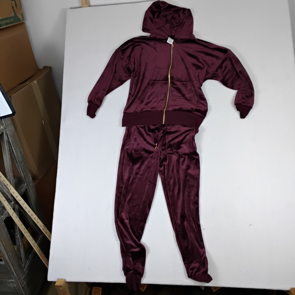 Felina Women Burgundy Velour Tracksuit Set Zip Hoodie Jogger Pants Y2K S